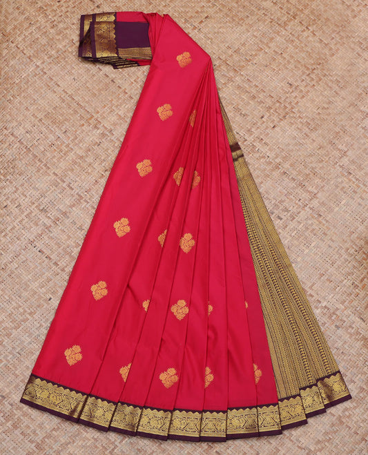 Red Budget Silk Saree, Mesmerized with Zari Buttas All Over Its Body, Complemented by a Contrast Traditional Zari Design Border of Peacocks, Pallu Features Geometric Designs, and Paired with a Contrast Blouse