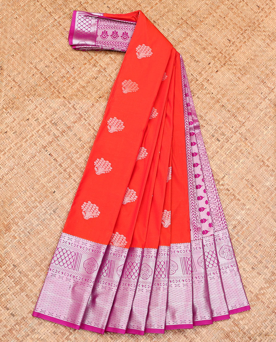 Red Budget Silk Saree, Mesmerized with Zari Buttas on Its Body, Complemented by a Contrast Traditional Zari Design Border, Pallu Steeped with Floral Designs, and Paired with a Contrast Blouse