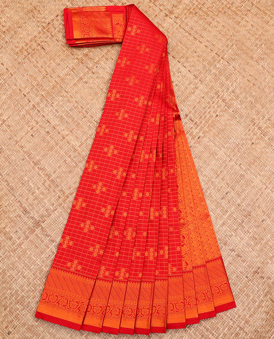Red Budget Silk Saree, Detailed with Butta Enclosed Checks All Over Its Body, Highlighted by Traditional Design Border, Grand Pallu, and Paired with a Matching Blouse