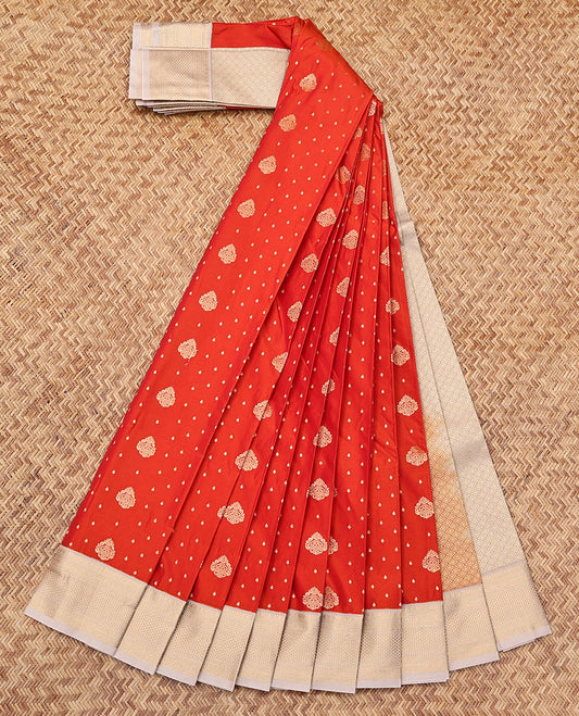 Orange Budget Silk Saree, Mesmerized with Zari Buttas, Complemented by a Contrast Traditional Zari Border, Grand Pallu, and a Contrast Blouse