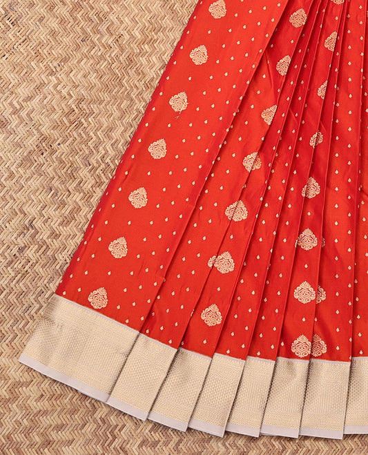 Orange Budget Silk Saree, Mesmerized with Zari Buttas, Complemented by a Contrast Traditional Zari Border, Grand Pallu, and a Contrast Blouse