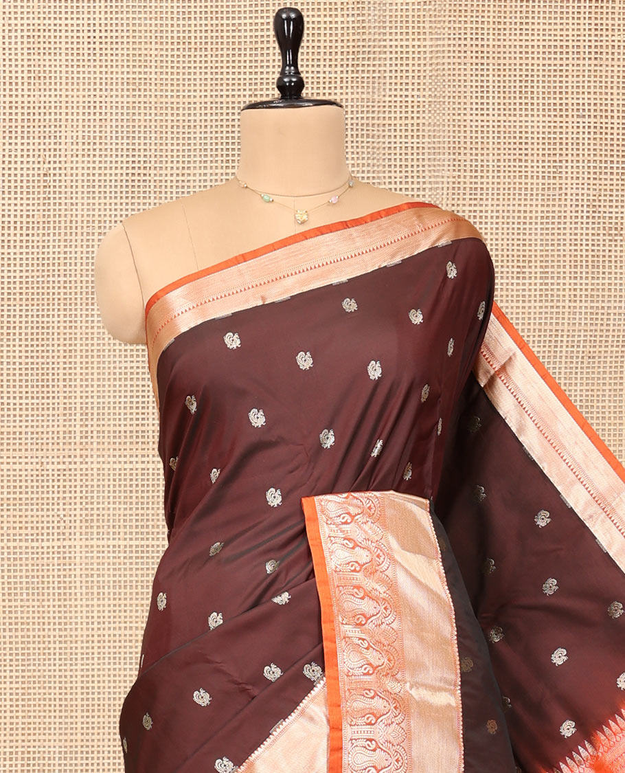 Brown Budget Silk Saree, Elevated with Peacock Buttas, Complemented by a Contrast Traditional Zari Border, Jaal Pallu, and Contrast Blouse