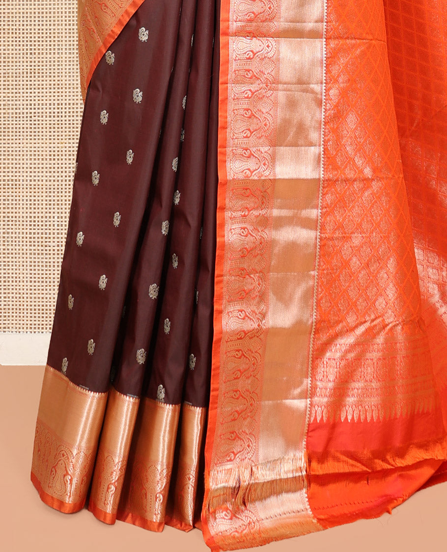 Brown Budget Silk Saree, Elevated with Peacock Buttas, Complemented by a Contrast Traditional Zari Border, Jaal Pallu, and Contrast Blouse