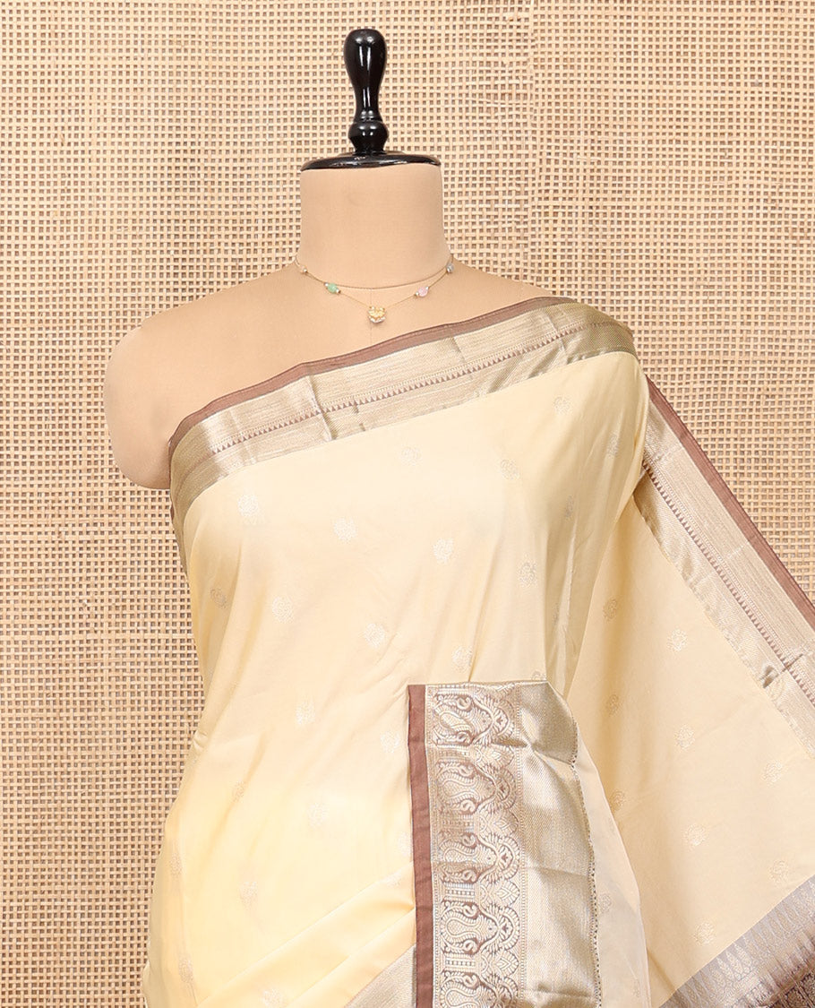 Light Sandal Budget Silk Saree, Sparsely Sparkled with Zari Buttas, Complemented by a Contrast Traditional Zari Border, Pallu of Jaal Design, and Contrast Blouse
