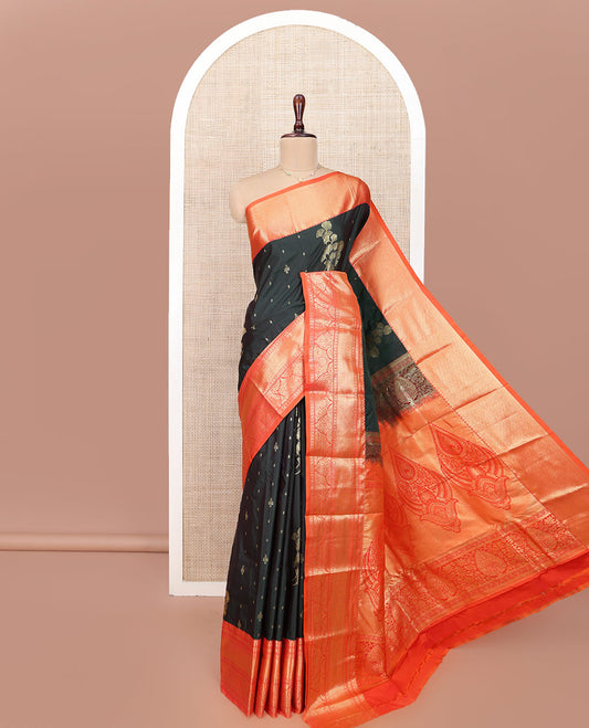 Green Budget Silk Saree, Detailed with Zari Buttas All Over Its Body, Complemented by Contrast Traditional Zari Design Border, Intricately Designed Pallu, and Paired with a Contrast Blouse