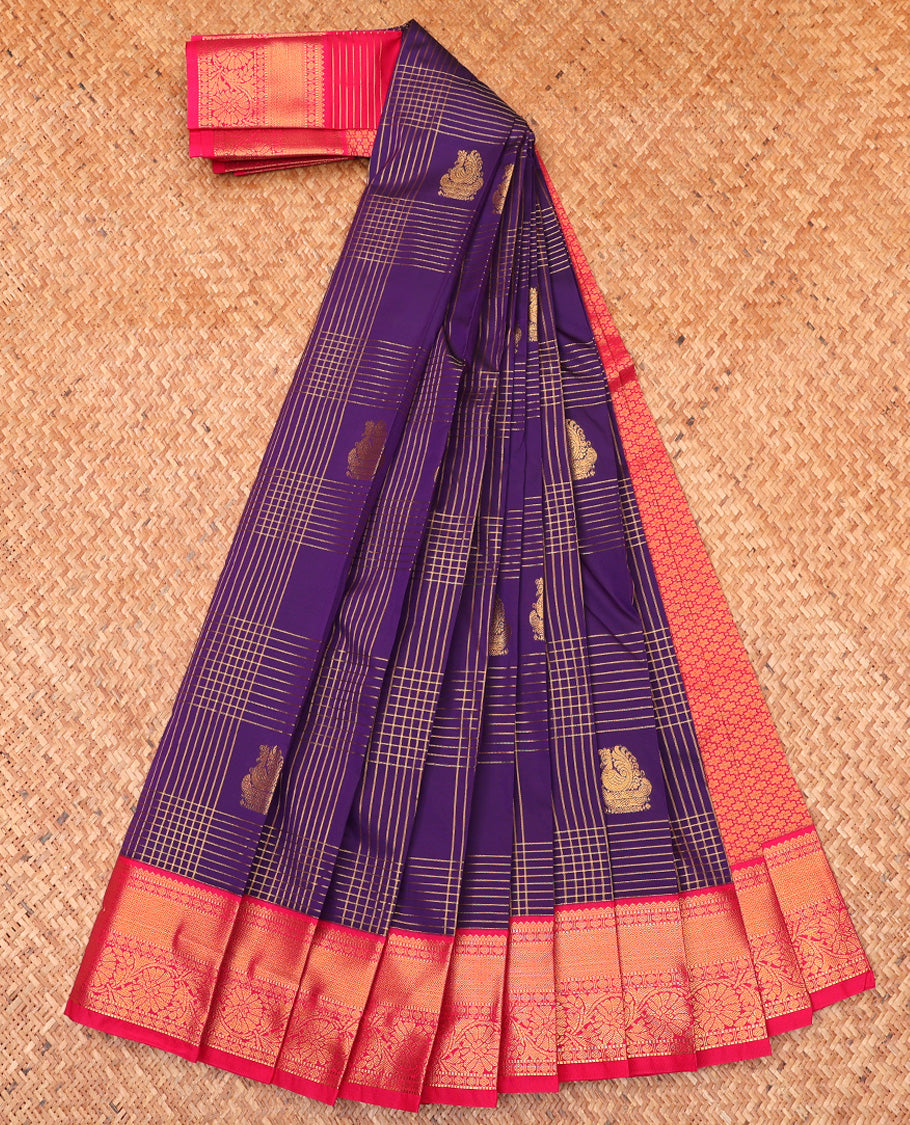 Purple Budget Silk Saree, Enriched with Zari Butta Enclosed Checks On Its Body, Complemented by Contrast Traditional Zari Designs Woven Border, Grand Jaal Pallu and Paired with a Contrast Blouse