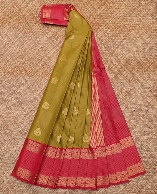 Green Budget Silk Saree, Subtly Sparkled With Zari Buttas and Stripes All Over Its Body, Complemented by Contrast Traditional Zari Designs Woven Border, Grand Jaal Pallu and Paired with a Contrast Blouse