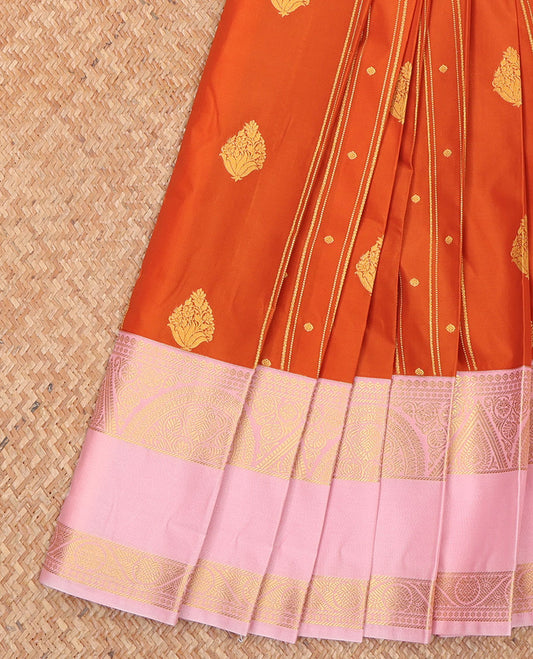 Orange Budget Silk Saree, Highlighted by Zari Designs All Over Its Body, Complemented by a Contrast Traditional Zari Design Woven Rettai Pettu Border, Gleaming Jaal Pallu, and Paired with a Contrast Blouse