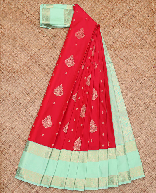 Red Budget Silk Saree, Dazzled with Zari Buttas All Over Its Body, Complemented by a Contrast Traditional Zari Design-Woven Rettai Pettu Border, Gleaming Zari Woven Pallu of Paisleys, and Paired with a Contrast Blouse