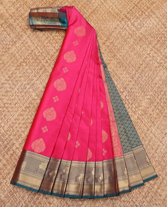 Pink Budget Silk Saree, Featuring Zari Buttas on Its Body, Complemented by a Contrast Traditional Zari Design Rettai Pettu Border, Grand Jaal Pallu, and Paired with a Contrast Blouse