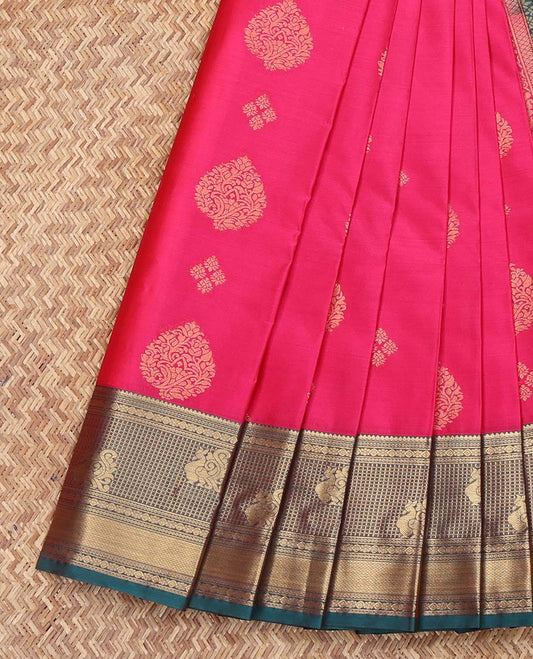 Pink Budget Silk Saree, Featuring Zari Buttas on Its Body, Complemented by a Contrast Traditional Zari Design Rettai Pettu Border, Grand Jaal Pallu, and Paired with a Contrast Blouse