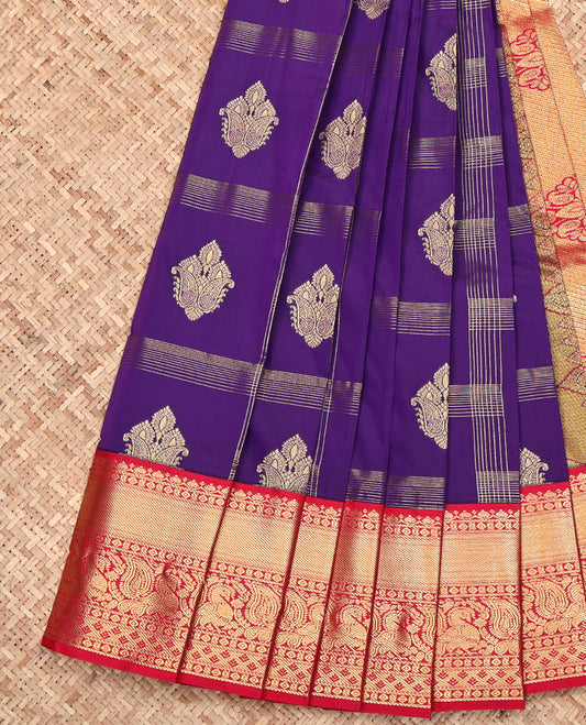 Violet Budget Silk Saree, Elevated with Zari Butta Enclosed Checks All Over Its Body, Complemented by a Contrast Traditional Zari Design Border, Intricately Designed Pallu, and Paired with a Contrast Blouse