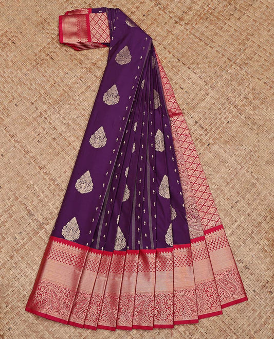 Purple Budget Silk Saree, Embellished with Zari Buttas on Its Body, Complemented by a Contrast Traditional Zari Design Border, Grand Jaal Pallu, and Paired with a Contrast Blouse