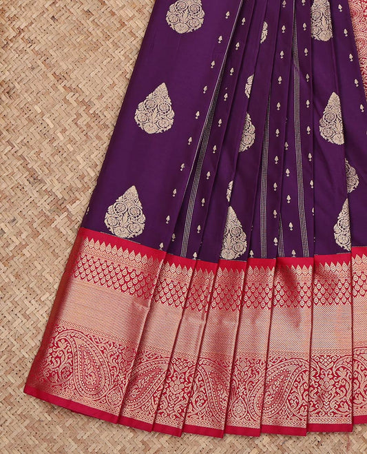Purple Budget Silk Saree, Embellished with Zari Buttas on Its Body, Complemented by a Contrast Traditional Zari Design Border, Grand Jaal Pallu, and Paired with a Contrast Blouse