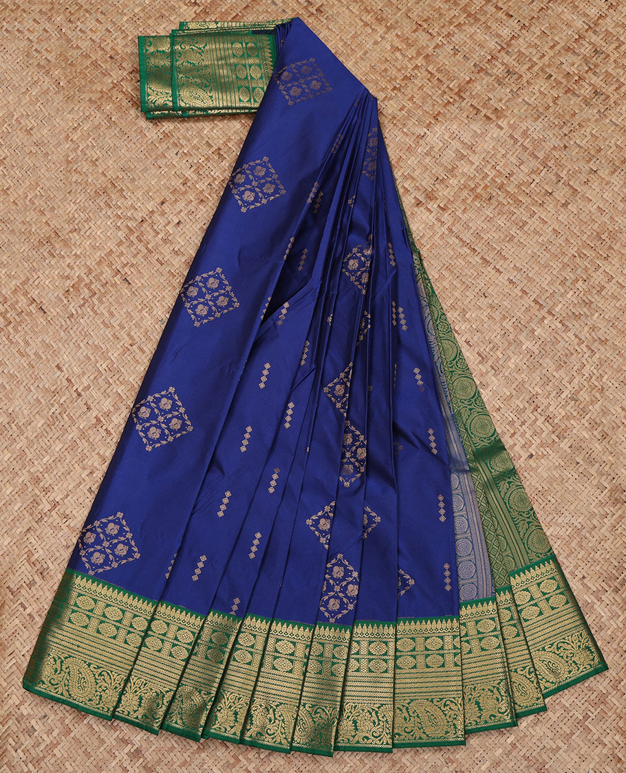 Blue Budget Silk Saree, Finely Woven with Zari Buttas All Over Its Body, Complemented by a Contrast Traditional Zari Design Border, Grand Pallu, and Paired with a Contrast Blouse