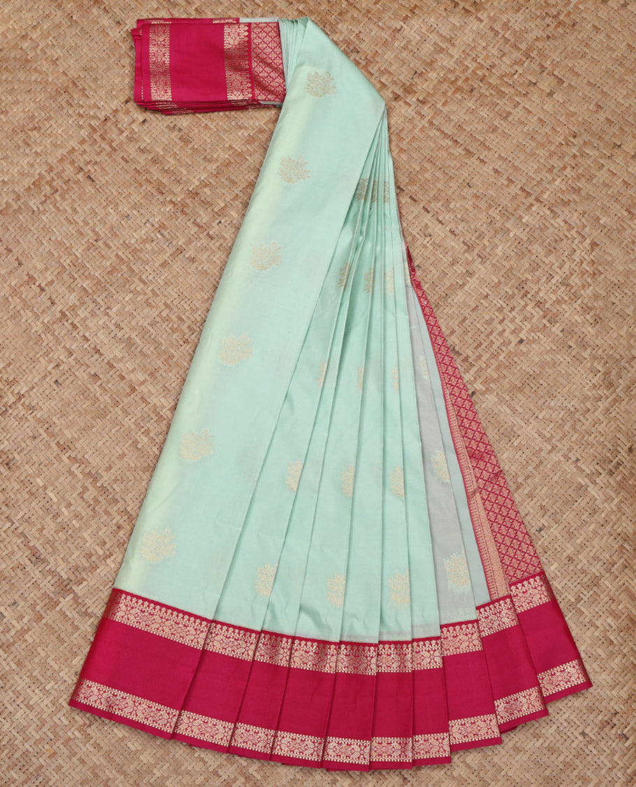 Turquoise Budget Silk Saree, Subtly Woven with Zari Buttas All Over Its Body, Complemented by a Contrast Traditional Zari Design Rettai Pettu Border, Pallu of Jaal Designs, and Paired with a Contrast Blouse