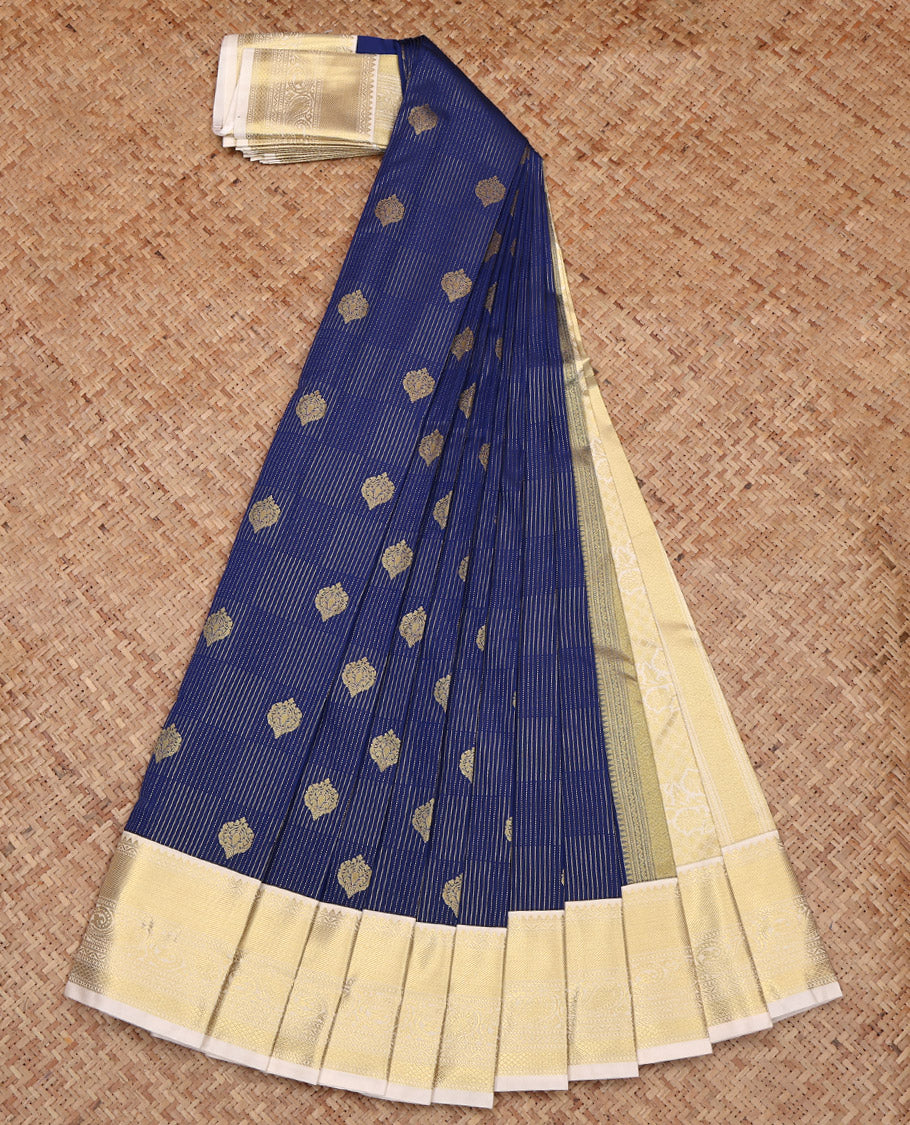 Navy Blue Budget Silk Saree, Accentuated with Zari Buttas and Checks, Complemented by a Contrast Traditional Zari Design Border, Intricately Designed Pallu, and a Contrast Blouse