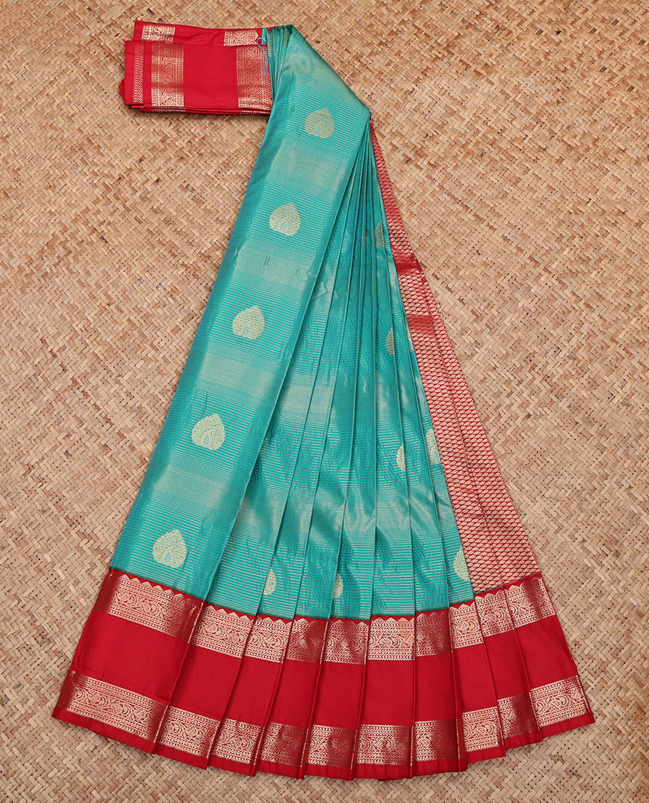 Blue Budget Silk Saree, Woven with Zari Buttas and Stripes, Complemented by Contrast Traditional Rettai Pettu Border, Grand Pallu and a Contrast Blouse