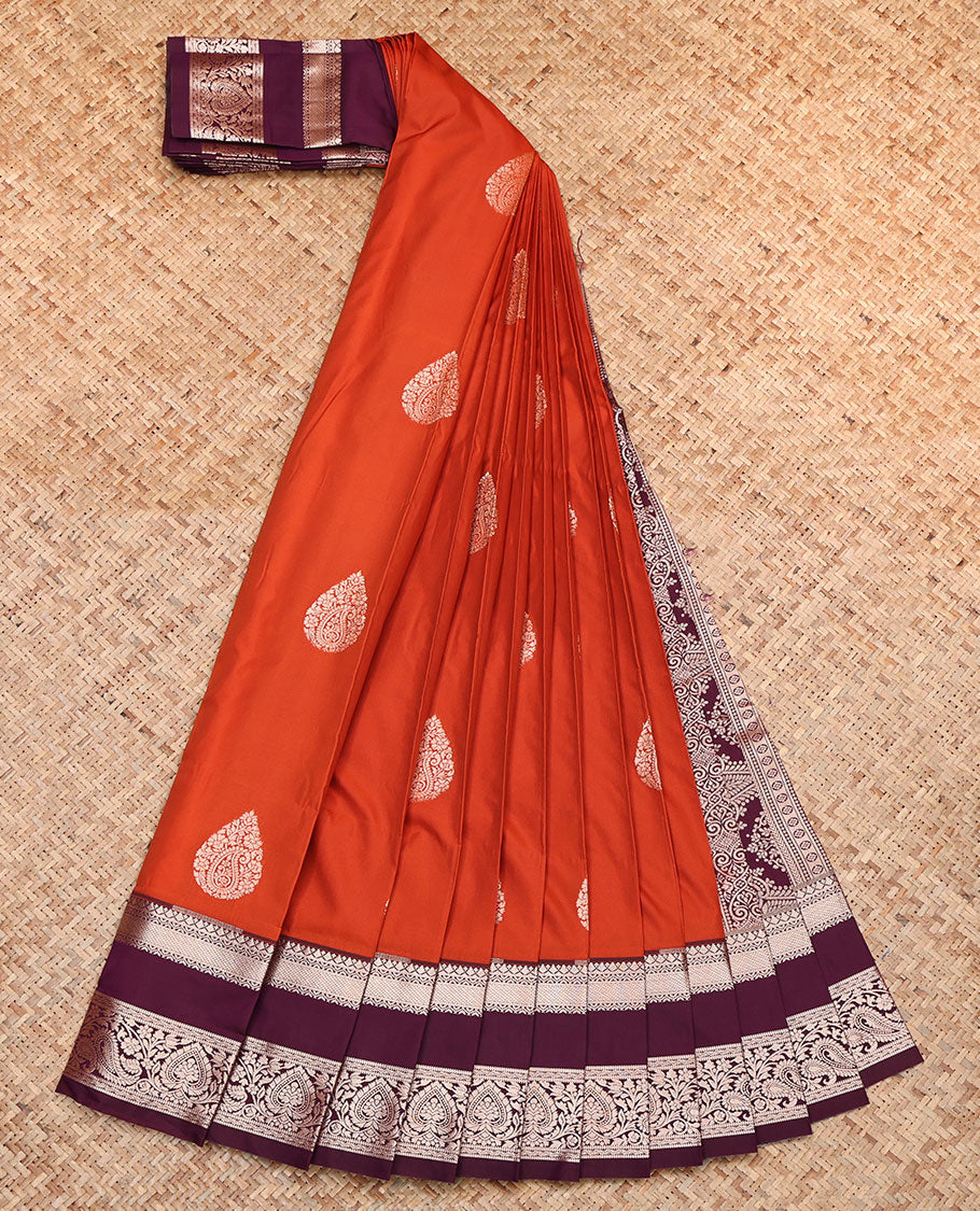 Orange Budget Silk Saree, Featuring Zari Buttas, Complemented by a Contrast Traditional Zari Rettai Pettu Border, Intricately Designed Pallu, and a Contrast Blouse