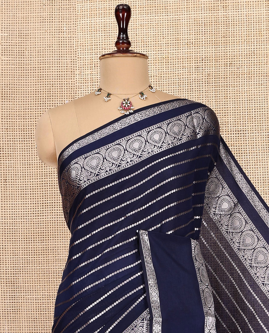 Navy Blue Assam Silk Saree, Spotlighted with Zari Stripes, Highlighted by a Traditional Zari Border, Zari Striped Pallu, and a Matching Blouse