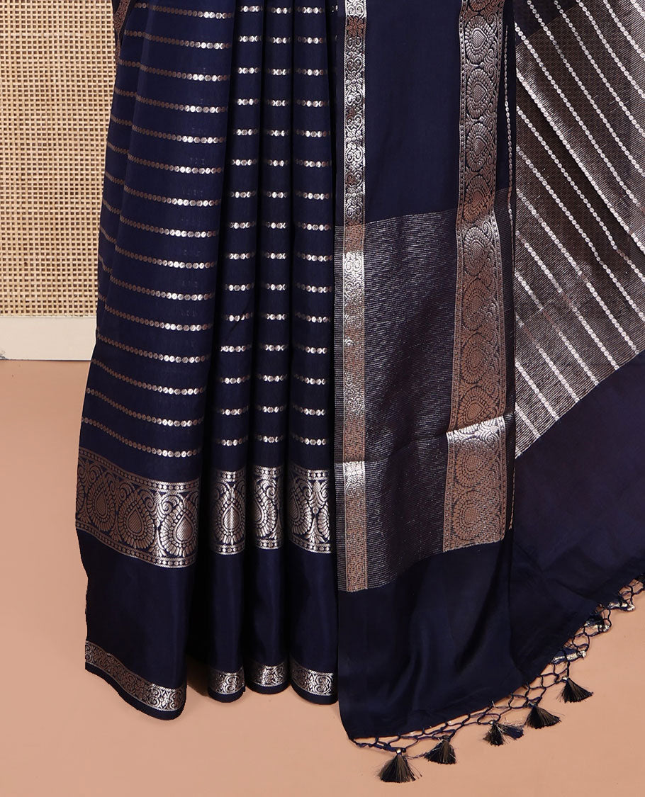 Navy Blue Assam Silk Saree, Spotlighted with Zari Stripes, Highlighted by a Traditional Zari Border, Zari Striped Pallu, and a Matching Blouse