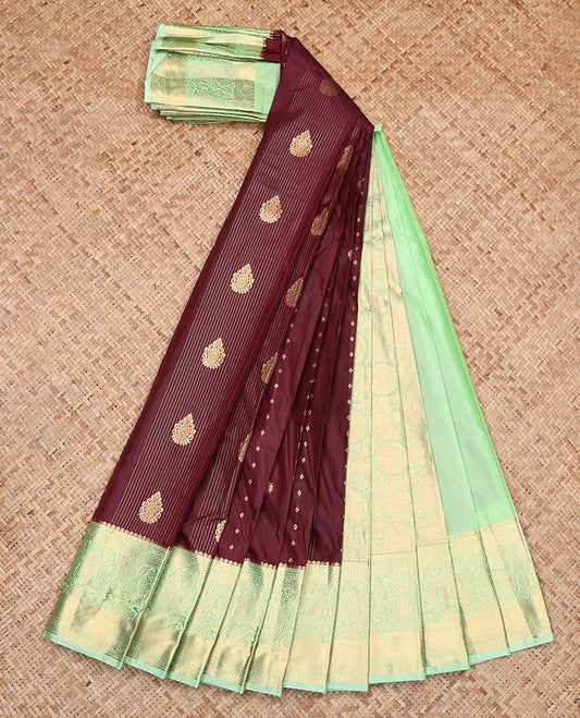 Maroon Budget Silk Saree, Ornamented with Zari Buttas, Contrast Traditional Zari Border, Grand Pallu, and a Contrast Blouse