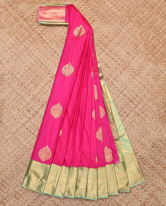 Pink Budget Silk Saree, Decked Up with Zari Buttas, Complemented by Contrast Traditional Zari Border, Grand Pallu and a Contrast Blouse