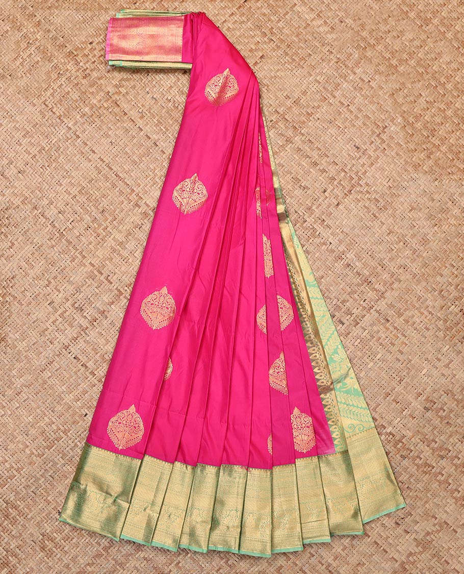 Pink Budget Silk Saree, Decked Up with Zari Buttas, Complemented by Contrast Traditional Zari Border, Grand Pallu and a Contrast Blouse