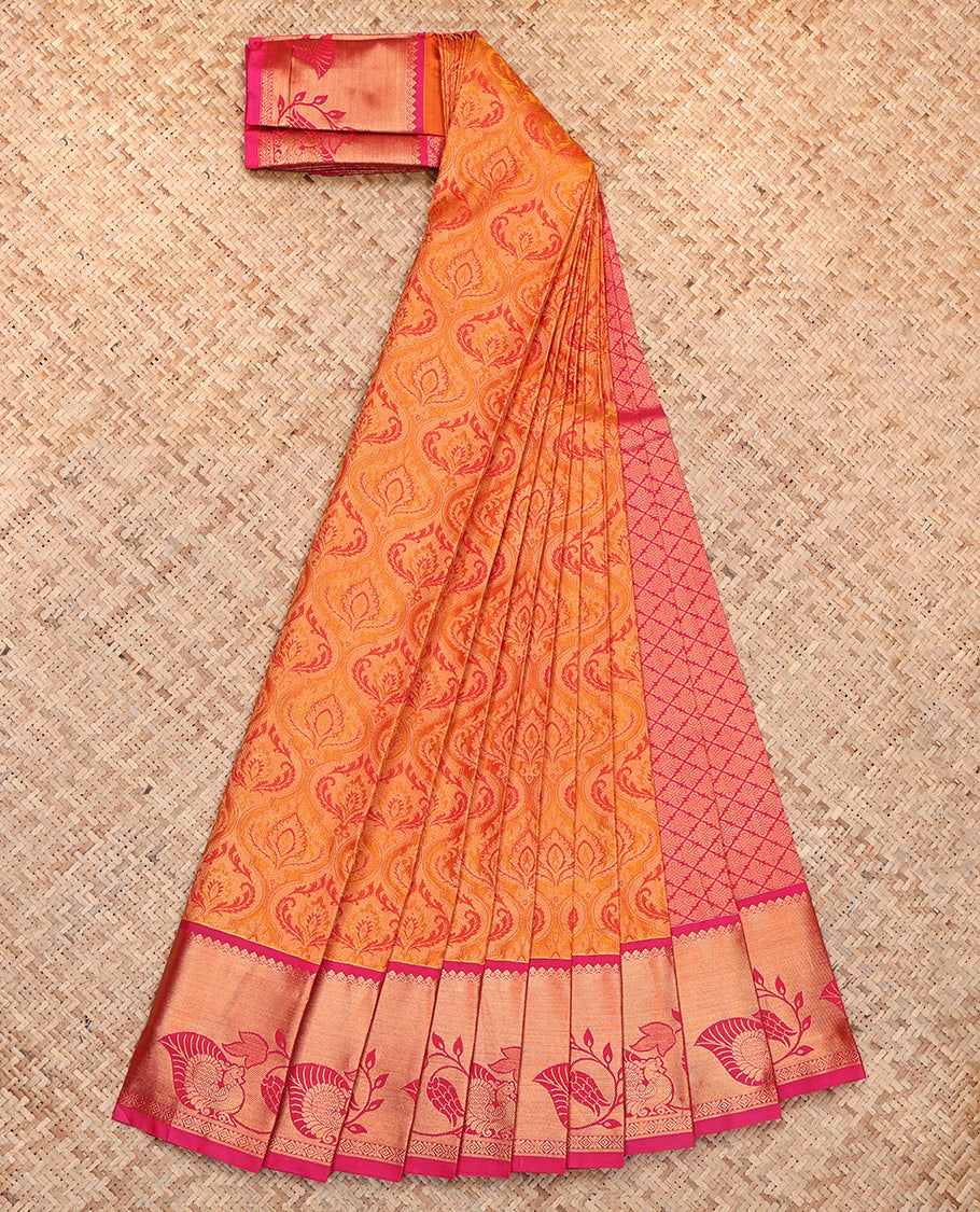 Orange Budget Silk Saree, Bedecked with Jacquard, Complemented by Contrast Leaf Vine and Peacock Zari Border, Jaal Pallu, and a Contrast Blouse