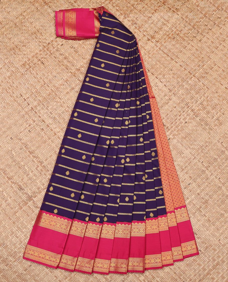 Violet Budget Silk Saree, Gleamed Up with Zari Buttas and Stripes, Complemented by a Contrast Traditional Zari Rettai Pettu Border, Grand Pallu, and a Contrast Blouse
