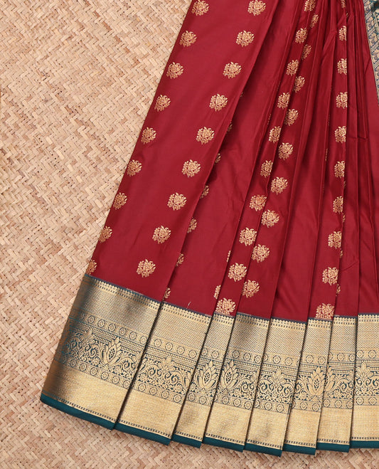 Maroon Budget Silk Saree, Decorated with Zari Buttas, Complemented by a Contrast Traditional Zari Border, Grand Pallu, and Contrast Blouse