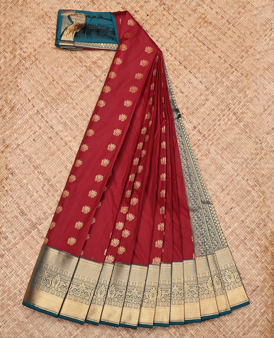 Maroon Budget Silk Saree, Decorated with Zari Buttas, Complemented by a Contrast Traditional Zari Border, Grand Pallu, and Contrast Blouse