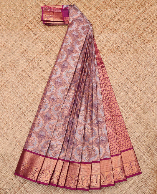 Grey Budget Silk Saree, Elevated with a Jacquard Design, Complemented by a Contrast Traditional Zari Border, Geometric Pallu, and Contrast Blouse