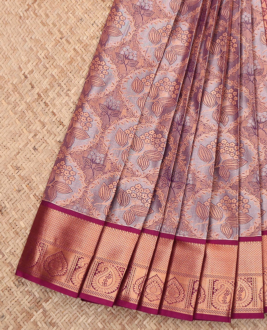 Grey Budget Silk Saree, Elevated with a Jacquard Design, Complemented by a Contrast Traditional Zari Border, Geometric Pallu, and Contrast Blouse