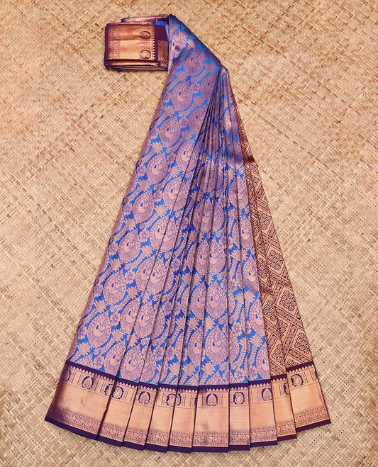 Royal Blue Budget Silk Saree, Detailed with Jacquard Design, Complemented by a Contrast Intricate Zari Border, Jaal Pallu, and a Contrast Blouse