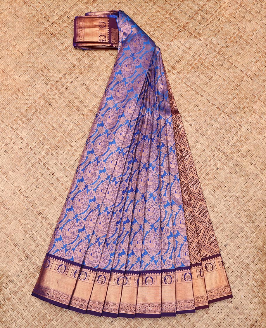 Royal Blue Budget Silk Saree, Detailed with Jacquard Design, Complemented by a Contrast Intricate Zari Border, Jaal Pallu, and a Contrast Blouse