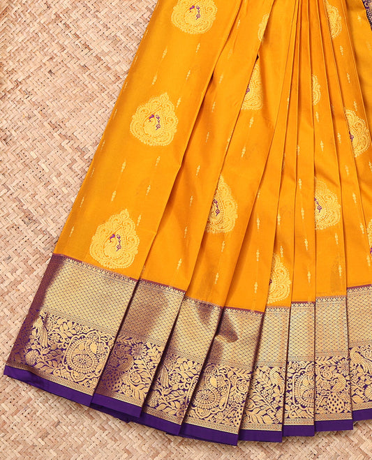Yellow Budget Silk Saree, Beautified with Zari Buttas, Complemented by a Contrast Traditional Zari Border, Intricate Pallu, and Contrast Blouse