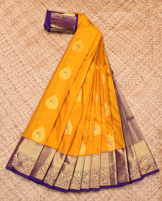 Yellow Budget Silk Saree, Beautified with Zari Buttas, Complemented by a Contrast Traditional Zari Border, Intricate Pallu, and Contrast Blouse