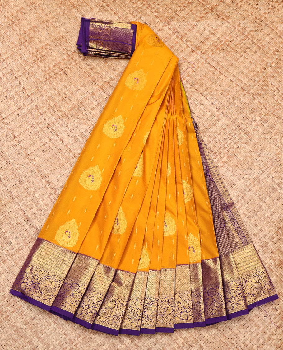 Yellow Budget Silk Saree, Beautified with Zari Buttas, Complemented by a Contrast Traditional Zari Border, Intricate Pallu, and Contrast Blouse