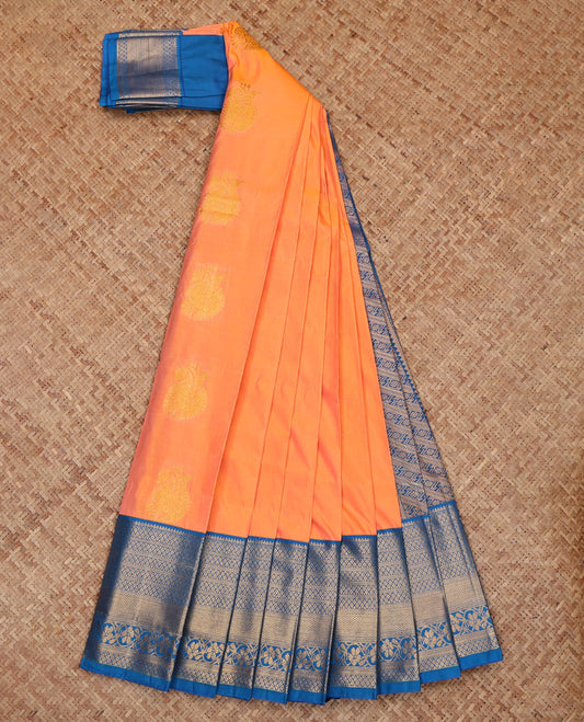 Orange Budget Silk Saree, Graced with Zari Buttas, Complemented by a Contrast Traditional Zari Border, Grand Pallu, and a Contrast Blouse