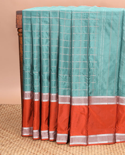Blue checked gift saree with contrast rettai pettu zari design border & striped pallu