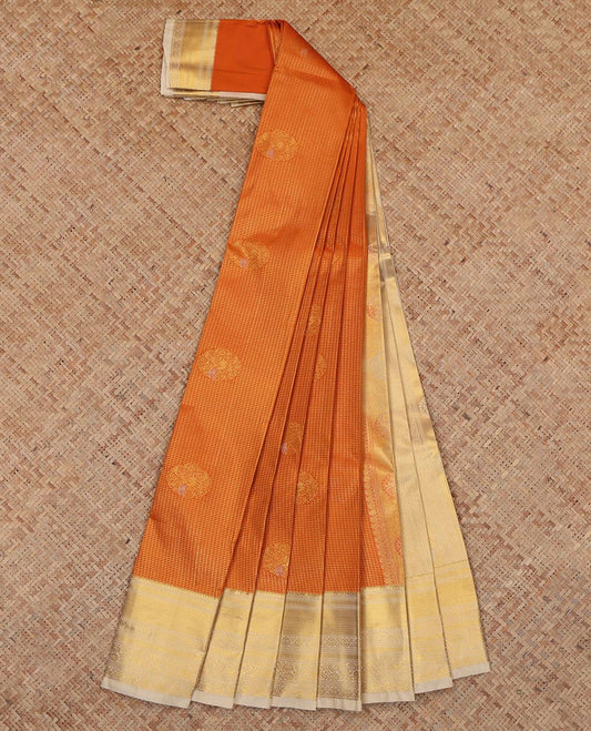 Orange Budget Silk Saree, Ornamented with Peacock Buttas and Checks, a Contrast Traditional Zari Border, an Intricate Pallu and a Contrast Blouse