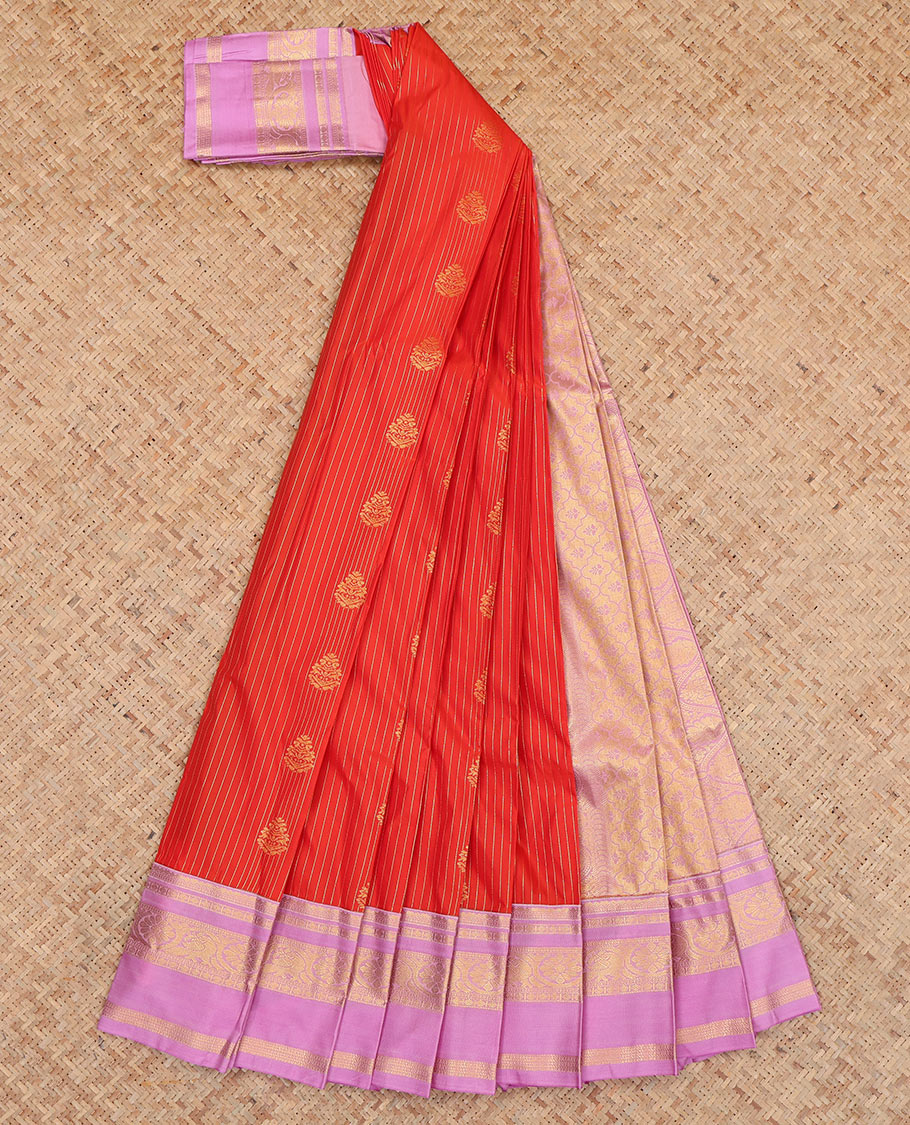 Red Budget Silk Saree, Enriched with Zari Buttas and Stripes, Complemented by Contrast Traditional Rettai Pettu Border, a Jaal Pallu and a Contrast Blouse