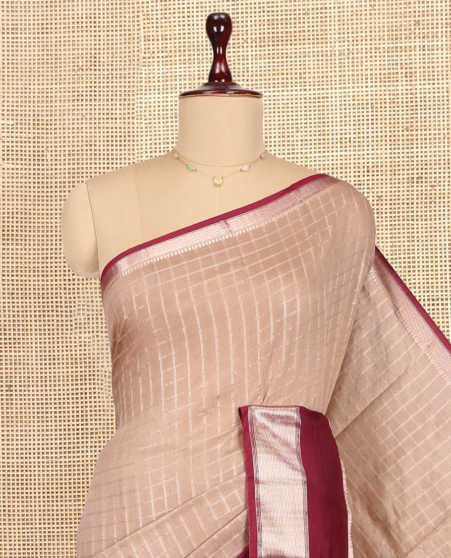 Fawn Assam Silk Saree, Featuring Zari Checks, Complemented by Contrast Traditional Zari Border,  Zari Checked Pallu, and Contrast Blouse