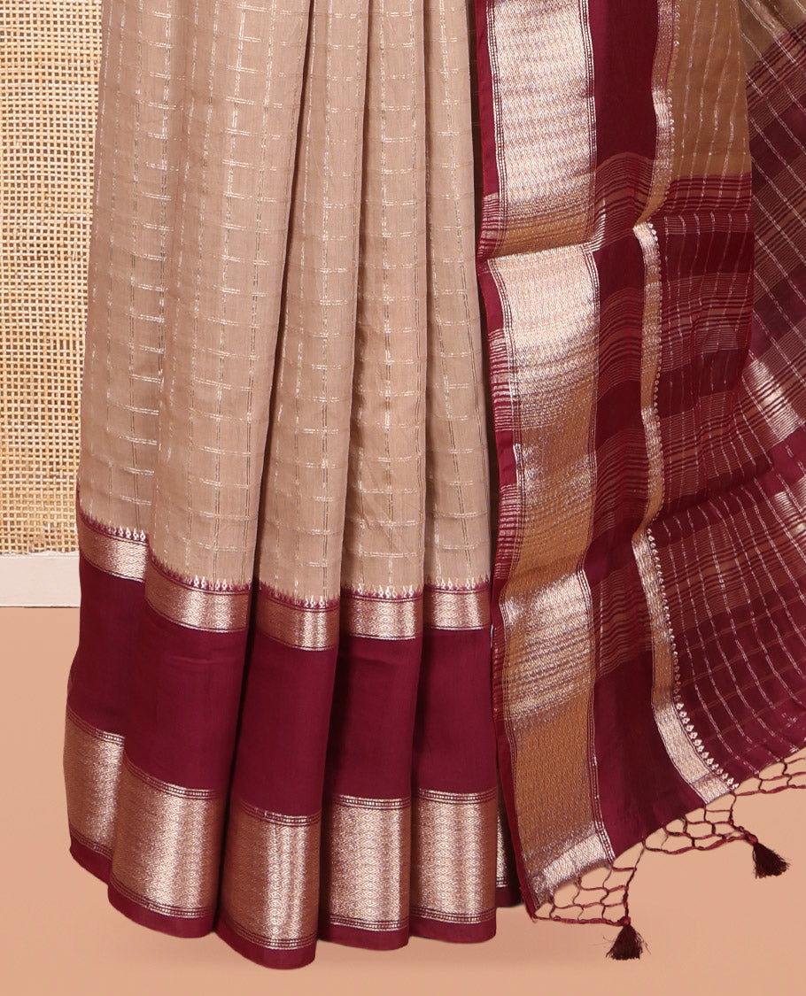 Fawn Assam Silk Saree, Featuring Zari Checks, Complemented by Contrast Traditional Zari Border,  Zari Checked Pallu, and Contrast Blouse