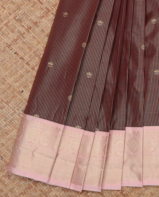 Brown Budget Silk Saree, Finely Crafted with Zari Buttas and Checks, a Contrast Traditional Zari Border, Grand Pallu, and a Contrast Blouse