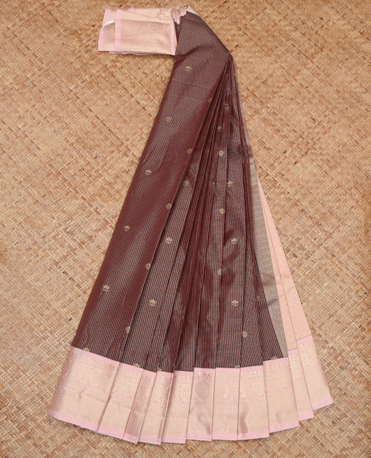 Brown Budget Silk Saree, Finely Crafted with Zari Buttas and Checks, a Contrast Traditional Zari Border, Grand Pallu, and a Contrast Blouse