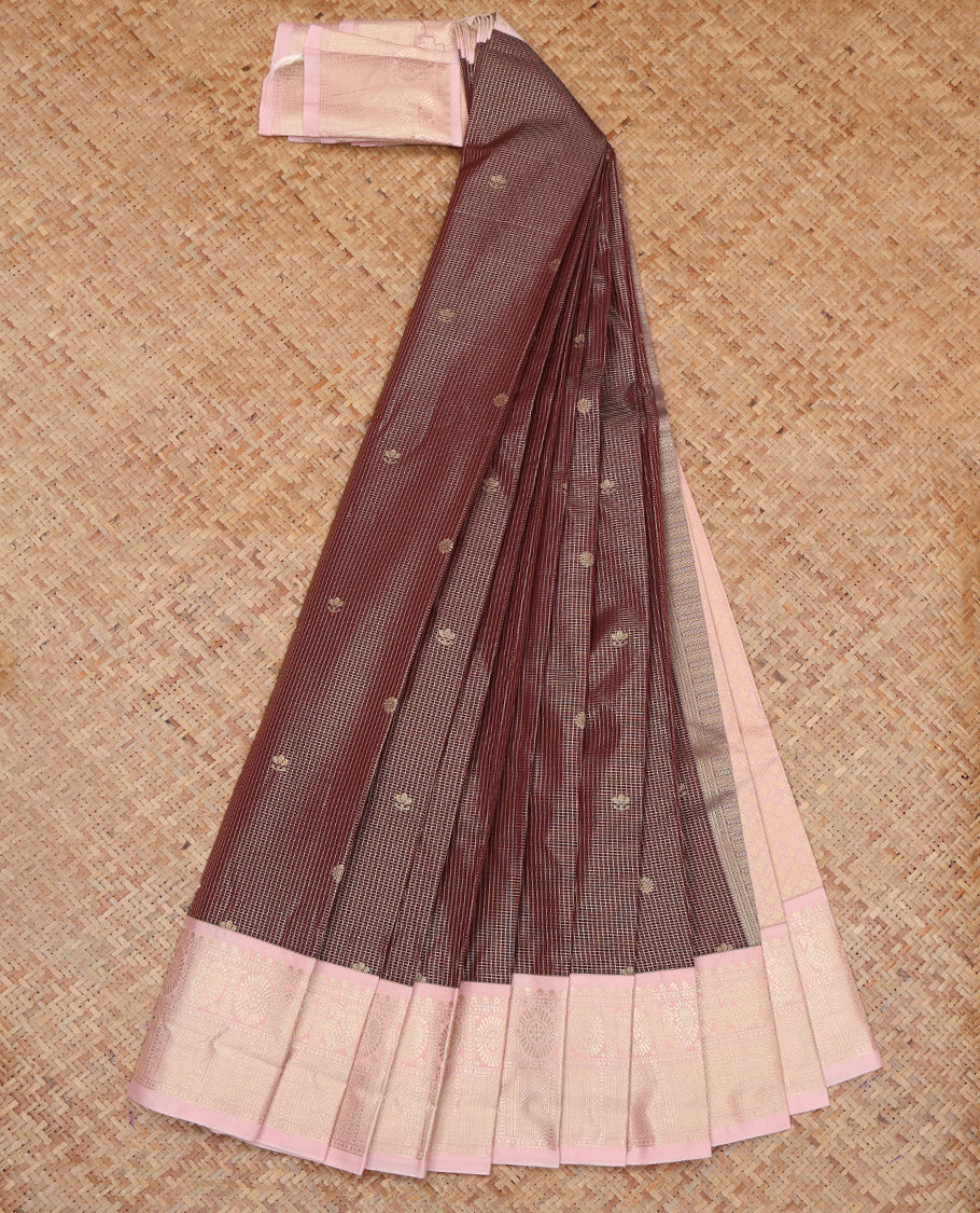 Brown Budget Silk Saree, Finely Crafted with Zari Buttas and Checks, a Contrast Traditional Zari Border, Grand Pallu, and a Contrast Blouse