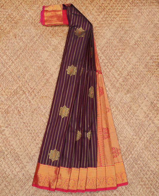 Brown Budget Silk Saree, Graced with Zari Buttas and Stripes, Complemented by a Contrast Traditional Zari Border, Grand Pallu, and Contrast Blouse