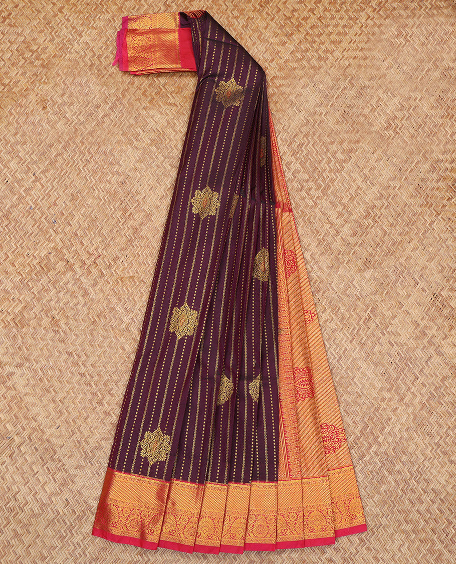 Brown Budget Silk Saree, Graced with Zari Buttas and Stripes, Complemented by a Contrast Traditional Zari Border, Grand Pallu, and Contrast Blouse